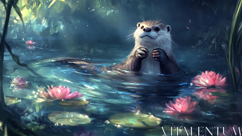 Otter daydreams in a spellbound lily pond of light.