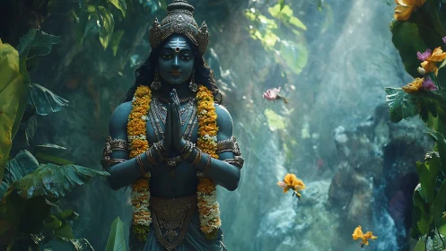 Blue-skinned deity statue stands praying in lush jungle glade