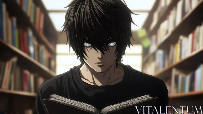 Male anime character reading in library environment.