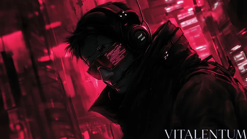 Cybernetic headset user in red neon urban environment.