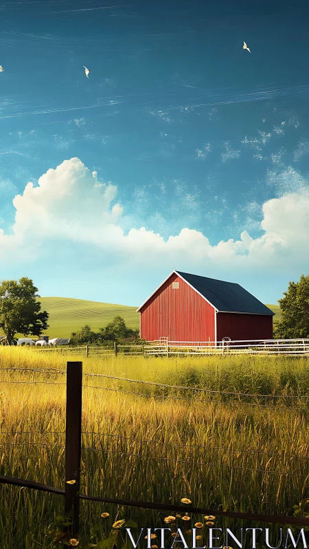 Red barn in sunny rural field under wide blue sky.