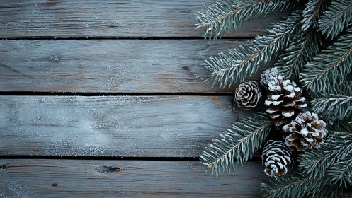 Snow-dusted pine branches rest on rustic winter wood