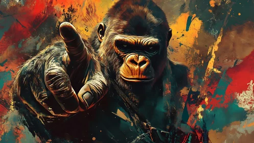 Commanding gorilla points forward amid explosive neon colors