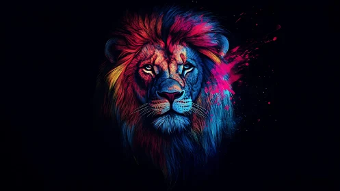 Neon lion portrait glows in splashed, prismatic colors.