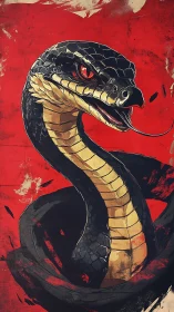 Coiled black cobra rises against distressed red background