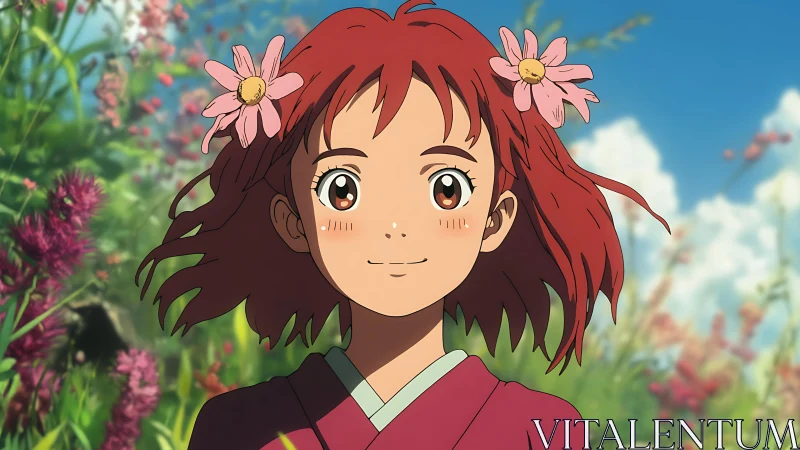 Red haired anime girl with flowers in hair outdoors scene.