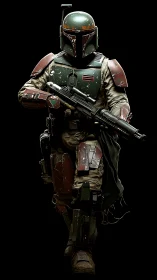 Armored sci fi bounty hunter in worn battle gear walking.