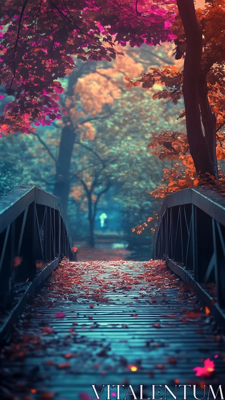 Autumn bridge under neon foliage in misty forest path.