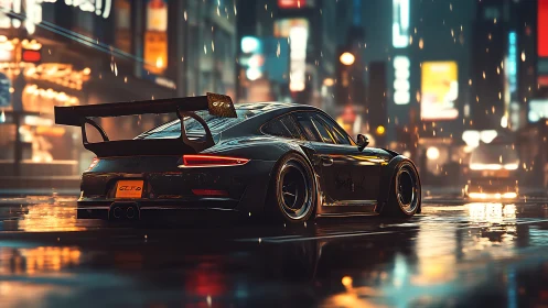 Sleek sports car glowing in a rainy neon city nightscape.