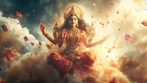 Divine goddess ascends through glowing clouds and blossoms