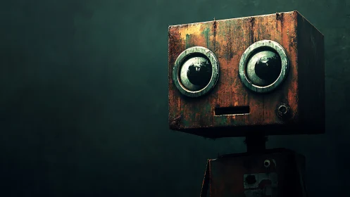 Rusty box-headed robot with large circular eyes stares ahead