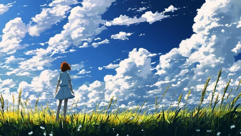 Girl in blue dress watches drifting clouds over bright field