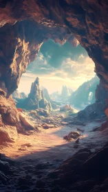 Rock cavern portal frames sunlit alien desert with atmospheric haze