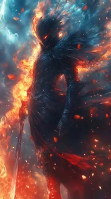 Fiery armored warrior surrounded by flames and embers.