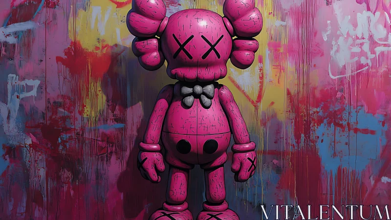 Pink stylized figure against textured graffiti wall background.