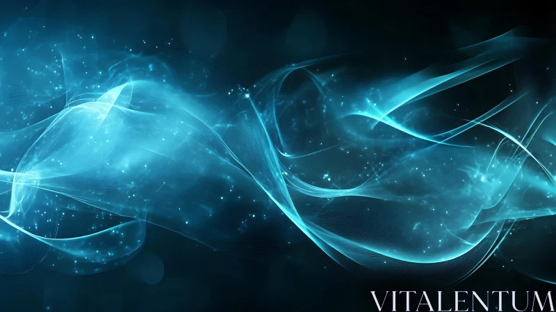 Abstract blue light waves with sparkling particles in dark digital style.