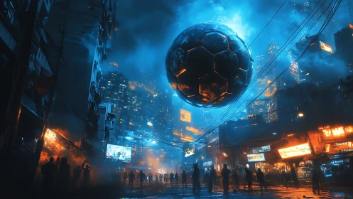 Giant neon sphere floats over cyberpunk city at midnight