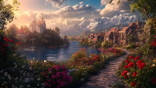 Lakeside village panorama with castle, alpine backdrop and floral path