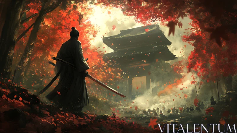 Lone samurai confronts temple gate in burning autumn forest.