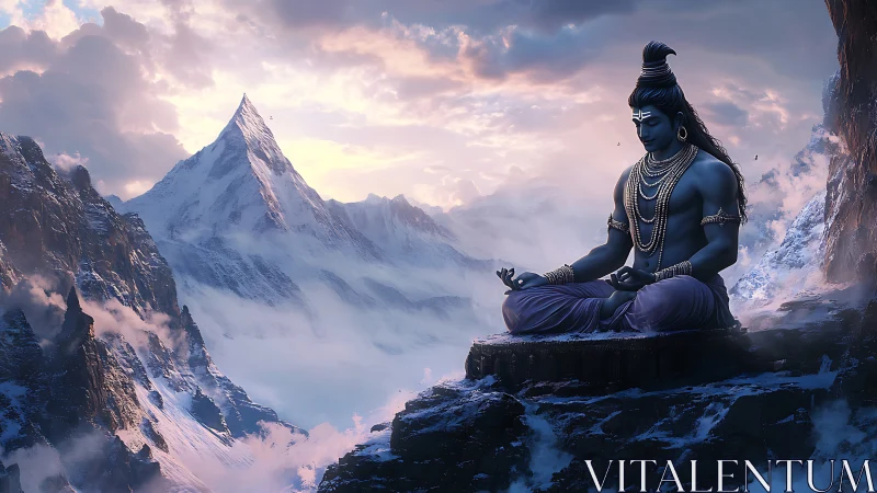 Serene blue deity meditating peacefully in snowy peaks.