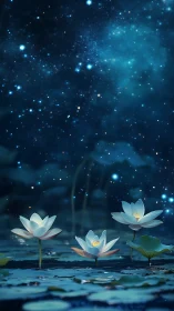 Starlit water lilies glowing gently under a dreamy sky.