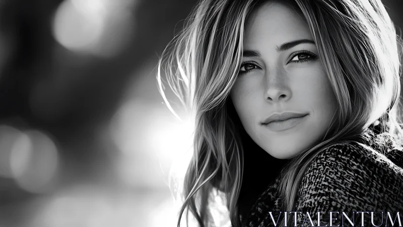 Soft bokeh whispers around a serene monochrome portrait