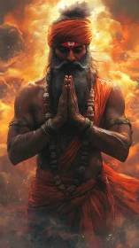 Fiery digital yogi portrait with folded hands in orange robes