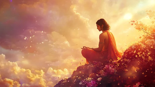 Meditative figure rests above glowing clouds at sunrise.