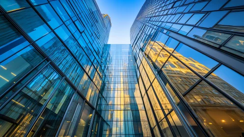 Glass office towers reflect golden city architecture upward.
