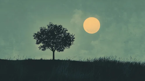 Solitary tree stands against a hazy moonlit evening sky