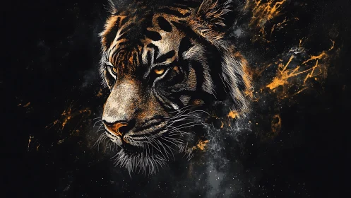 Tiger head emerges from dark cosmic void with fiery strokes