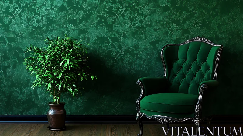 Green velvet armchair and potted plant stand against wallpaper