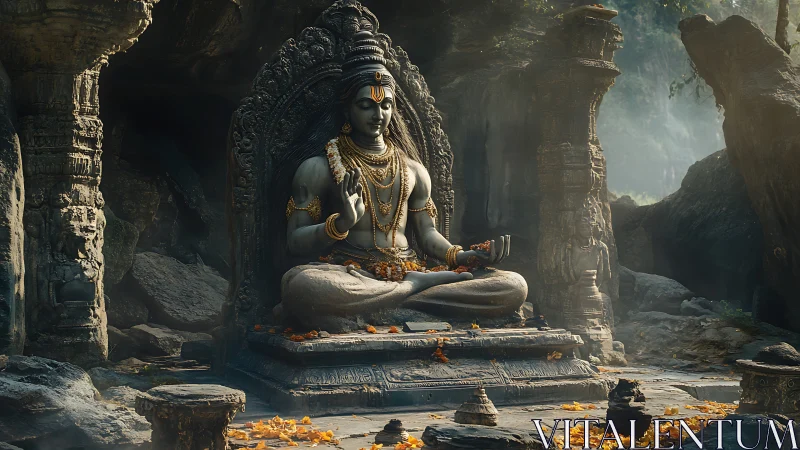 Sacred stone Shiva statue rests in a misty jungle temple.