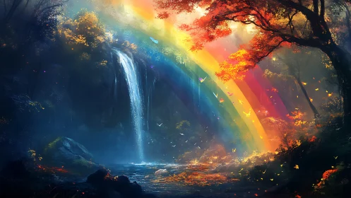 Rainbow arcs across enchanted waterfall forest clearing.