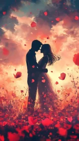 Silhouetted couple kissing amid falling red heart petals and sunset clouds