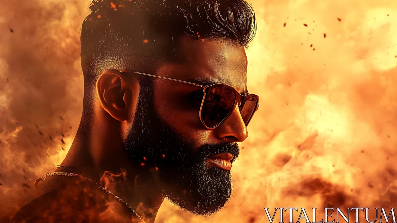 Flame-shadowed bearded rebel strolling through molten dusk.