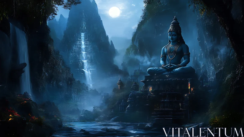 Moonlit blue deity breathes silence into misty mountain gorge