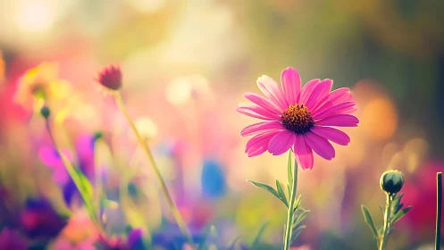 Vivid Magenta Daisy in Soft Focus Garden.