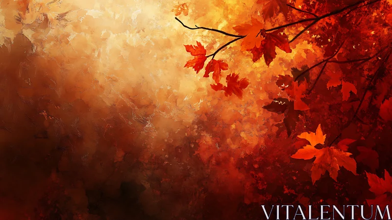 Glowing autumn maple leaves over painterly ember haze.