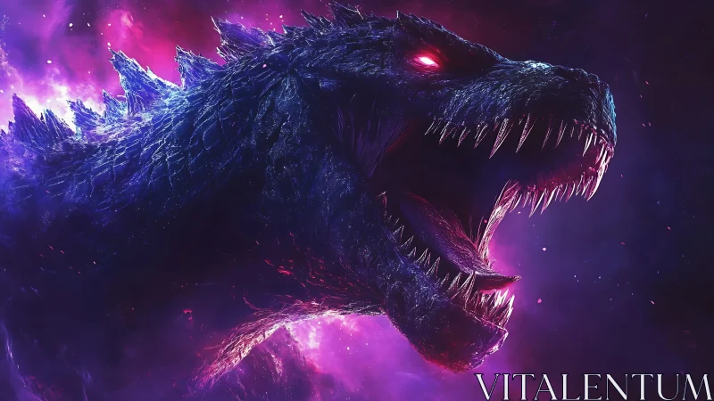 Cosmic neon kaiju roars through a storm of starlight.