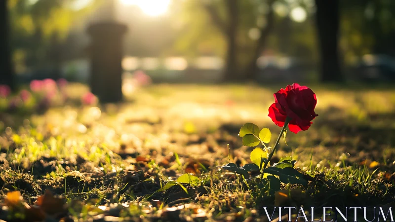 Red Rose Blooming in Sunlit Cemetery Garden.
