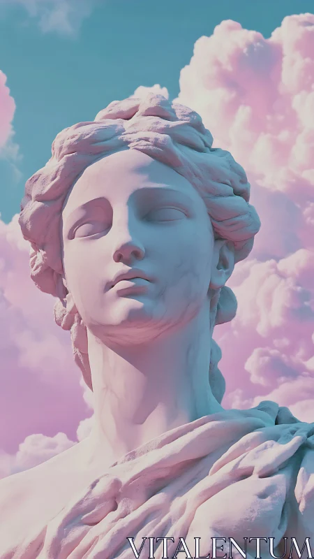 Neoclassical marble bust in pastel celestial atmosphere.