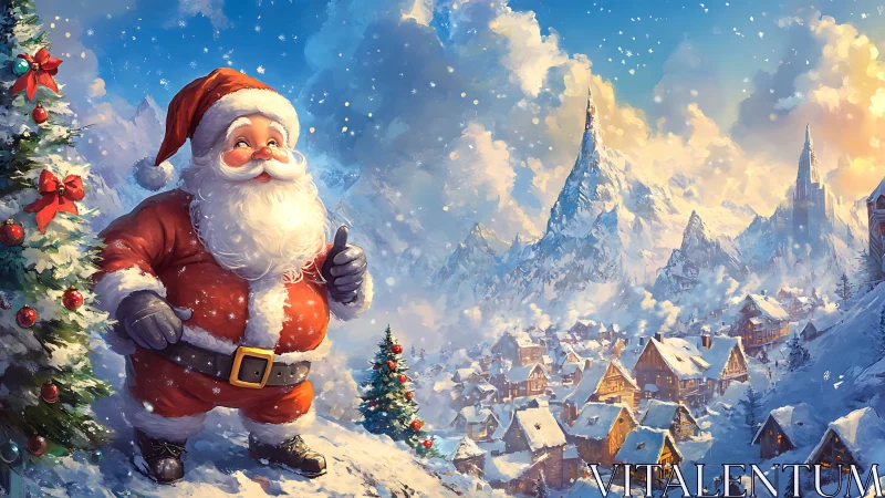 Santa overlooking luminous alpine Christmas village scene.