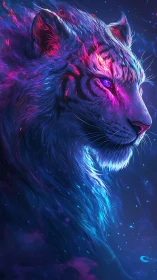 Starlit neon tiger gazes through cosmic twilight dreamscape.