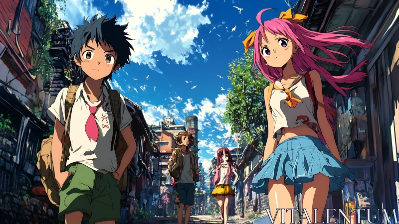 Group of anime youths walking through narrow urban street.