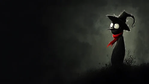 Tim Burton style shadow cat wearing red scarf on cliff edge.