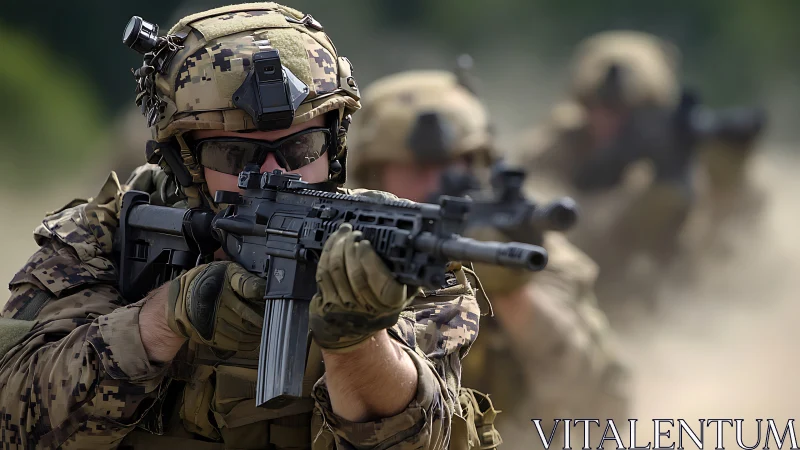 Special forces soldier advances through dust with rifle ready