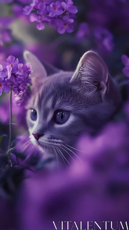 Violet-eyed Feline in Amethyst Bloom Garden.