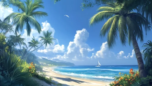 Tropical Beach Sanctuary with Sailboat at Horizon.