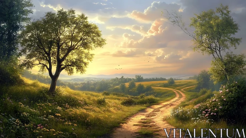 Curving country dirt road in sunlit rural meadow landscape.